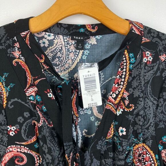 Torrid Midi Challis Skater Paisley V-neck Long Sleeve Black Dress sz 0 / L / 12 - Picture 3 of 10
